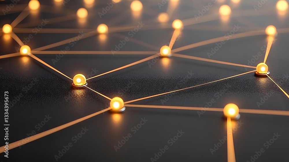 Poster illuminated network nodes connected by lines on dark surface.
