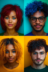 Fototapeta premium A group of four people with different colored hair and glasses