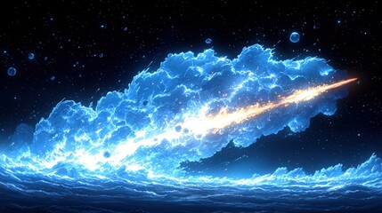 Stunning Cosmic Clouds with Bright Comet Shooting Through Starry Night Sky in Deep Space