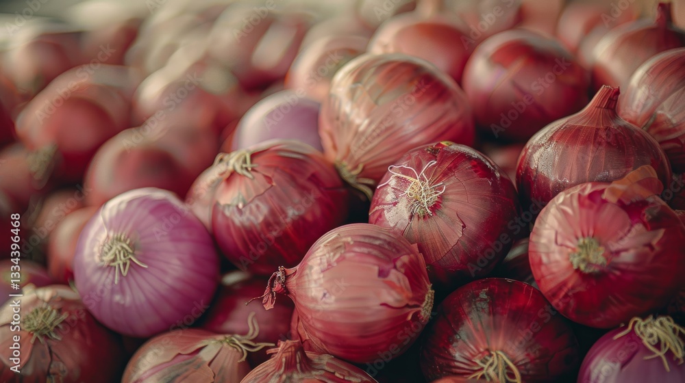 Poster abundance of vibrant red onions create a visually appealing texture and depth in a close up shot sho