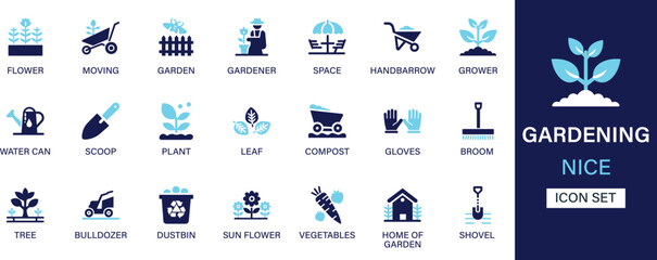 Gardening icon set collection. Flower, moving, garden, gardener, space, handbarrow, grower, water can, scoop, plant, leaf and best solid icon set.