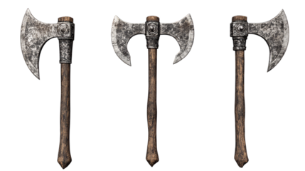 Three aged metal battle axes with wooden handles displayed in a row