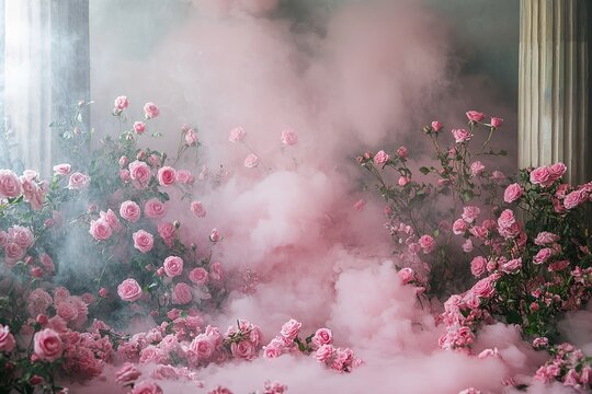 Fototapeta Dreamy Pink Roses in Smoky Atmosphere, Romantic Floral Background, Wedding