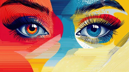 Colorful Artistic Illustration of Two Eyes with Striking Contrasts and Vibrant Color Palette