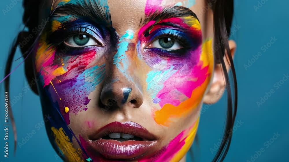 Poster creative face painting art displayed with vibrant colors on a model against a vivid background in an