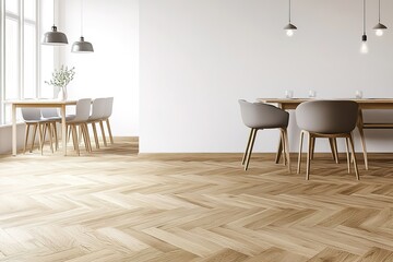 Modern Minimalist Dining Room Interior Design with Wooden Herringbone Floor