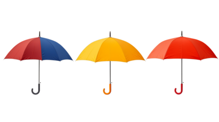 Three multicolored umbrellas isolated on transparent background
