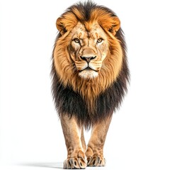 Obraz premium Majestic lion walking confidently towards the viewer in a bright setting capturing its regal presence and unique features