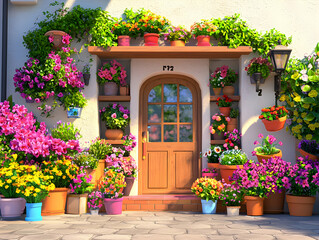 Charming Home Entrance with Flowering Potted Plants and Wooden Door