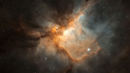 Fototapeta premium Cosmic Nebula Swirling Orange Brown Gray Clouds in Dark Space