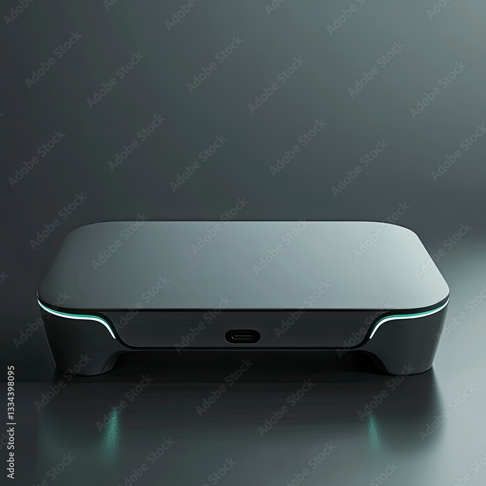 Poster sleek dark gray rectangular device with subtle teal light accents on a reflective surface.