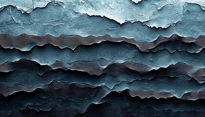 Abstract textured painting features layered blue and grey patterns of depth