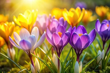 Fototapeta premium Aerial View of Gentle Purple and Yellow Crocus Flowers in Spring Garden