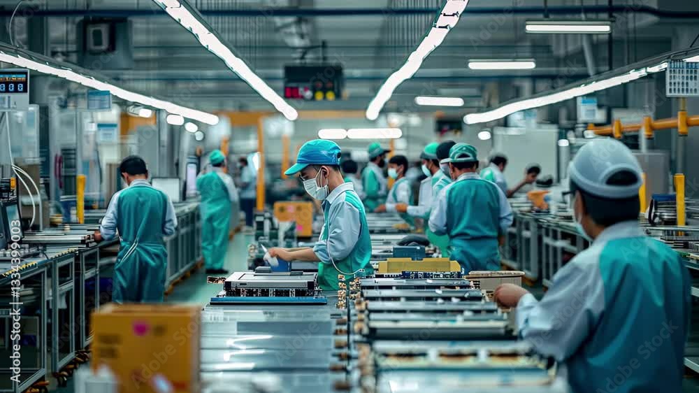 Aufkleber workers engage in assembly line tasks in a busy manufacturing facility during the day in an industri