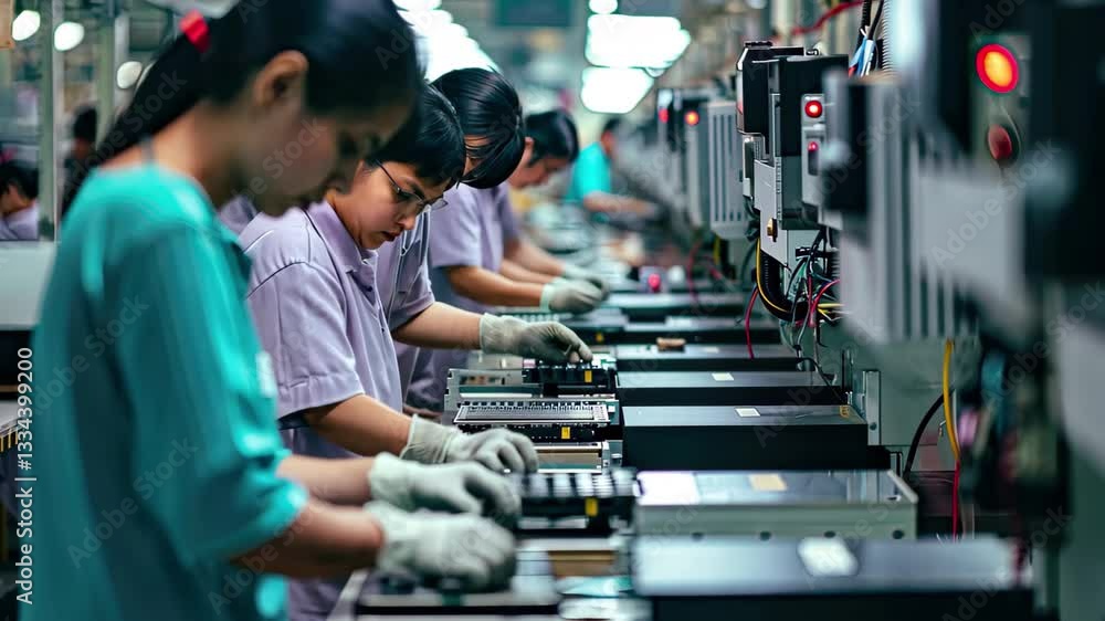 Poster workers assemble electronic components in a factory setting during the day in an industrial area foc
