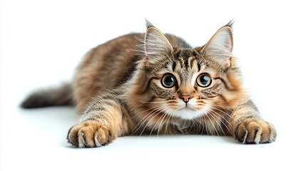 Obraz premium Adorable fluffy tabby kitten with big green eyes lying down on a white background and looking directly at the camera in a studio setting