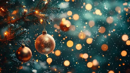 Cinematic Illustration of Merry Christmas Scene with Snow Background and Lighted Christmas Tree