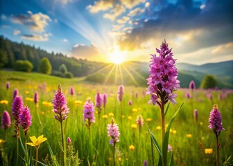 Fototapeta premium Aerial View of Intricate Orchid Wildflowers in Lush Meadow