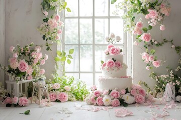 Elegant Pink Rose Wedding Cake near Window with Floral Decorations
