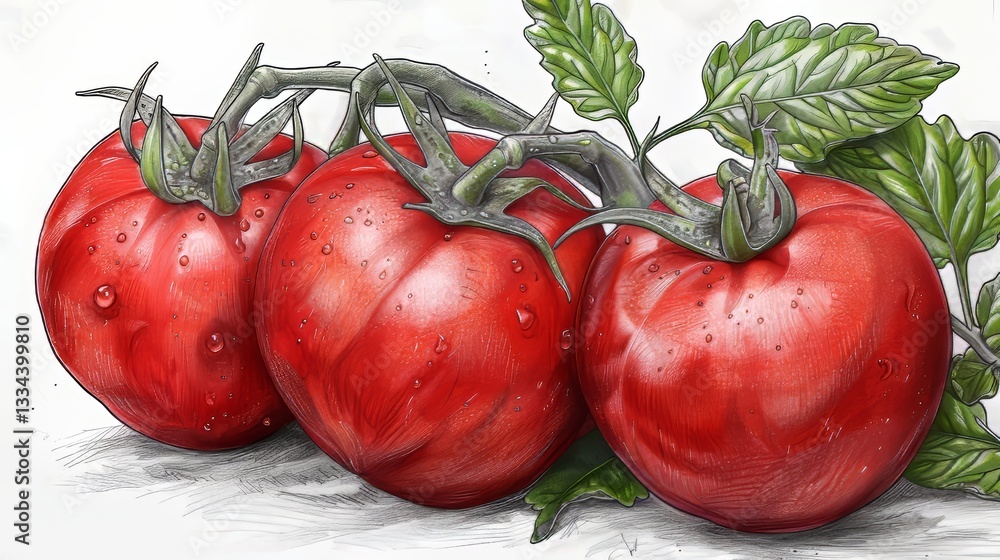 Poster clean lines icon of tomato with ethereal boho elements on white