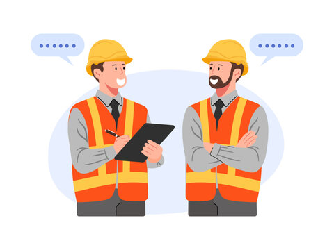 A vector illustration of two engineers standing and consulting, symbolizing teamwork and collaboration in a project.