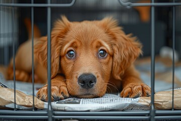 Adorable Golden Retriever Puppy with soulful eyes resting inside a Wire Crate, displaying its paws on paper for a cozy and calming image