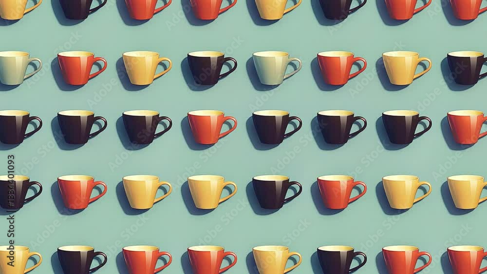 Poster seamless looping video pattern of colorful coffee cups on a light background.