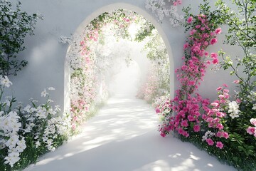 Obraz premium Serene Floral Archway Dreamy Pink & White Flowers, Garden Path, 3D Render