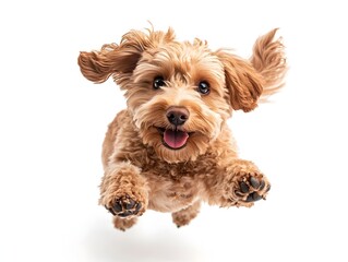 An adorable fluffy brown puppy dog joyfully leaps and bounds in mid-air against a clean white background.