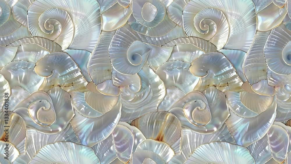 Poster seamless looping video pattern of pearlescent seashells with a wavy texture.