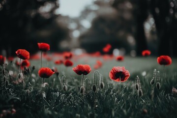 Obraz premium Stunning Red Poppies in a Field, Nature Photography, Dark Moody Background