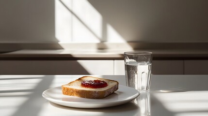 Minimalist aesthetic with a clean white table and toast with jam.
