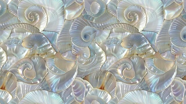 Seamless looping video pattern of pearlescent seashells with a wavy texture.