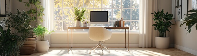 Bright, modern home office with plants.
