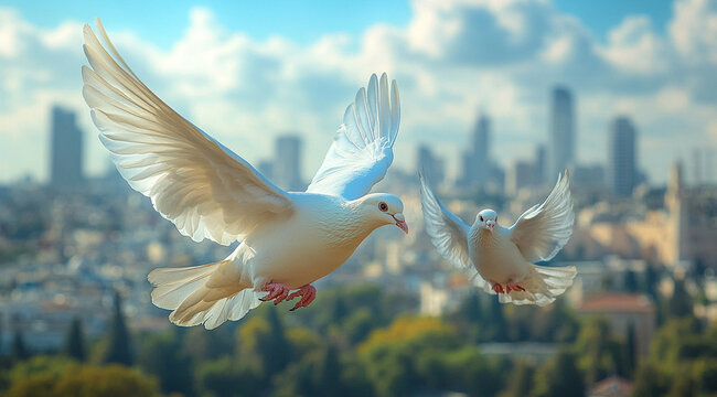 A pair of pigeons in the sky with the stars of David above their heads.
