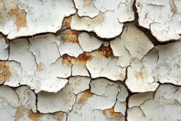 Obraz premium Cracked white paint reveals rusty metal underneath aged texture background,