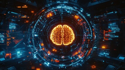 Obraz premium Neon cybernetic interface showcasing futuristic ai brain design