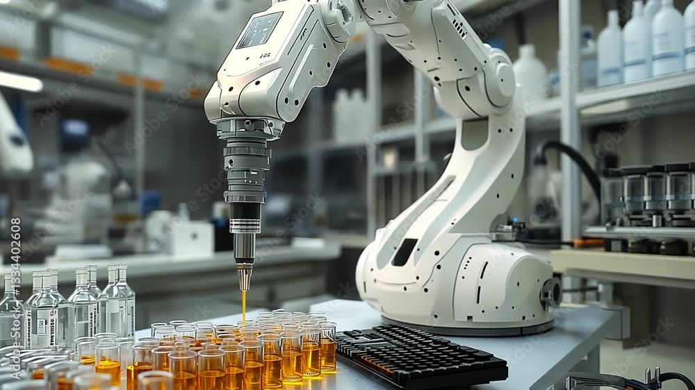 Aufkleber robotic arm in laboratory precision automation for testing tubes and conducting experiments efficien