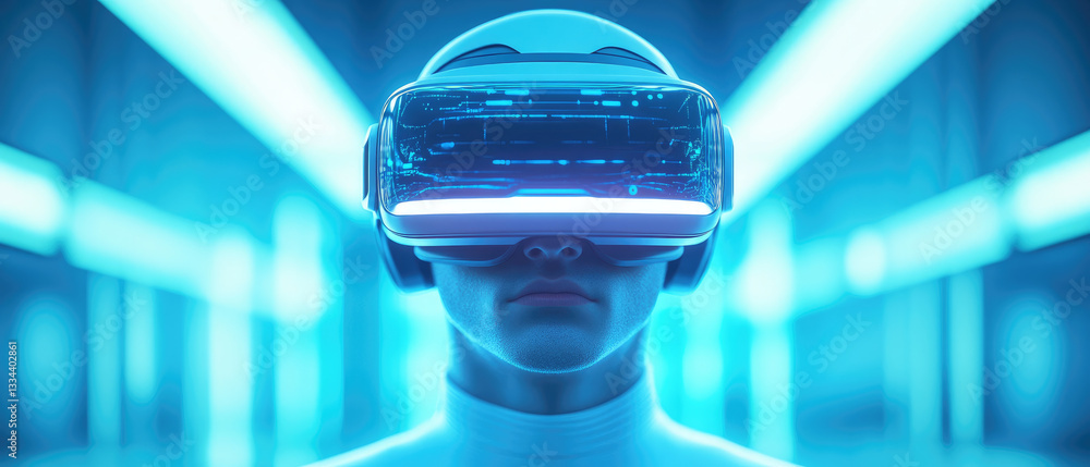 Poster exploring virtual reality technology futuristic lab digital art neon environment close-up view innov