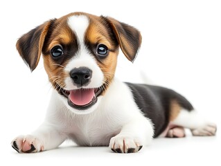 An adorable happy Jack Russell Terrier puppy lies down on a white background smiling sweetly at the camera.