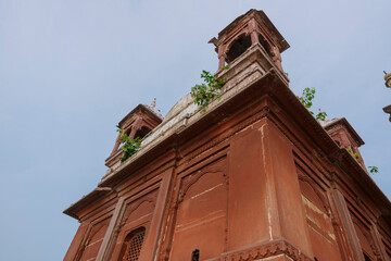 An ancient red sandstone structure in Varanasi, India, featuring domes, arched panels, and intricate carvings with greenery growing on it.