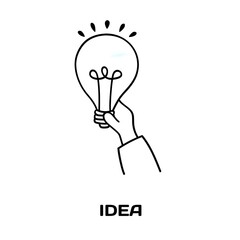 hand drawing light bulb with idea editable stroke outline icon isolated on white background flat vector illustration, black outline, Pixel perfect