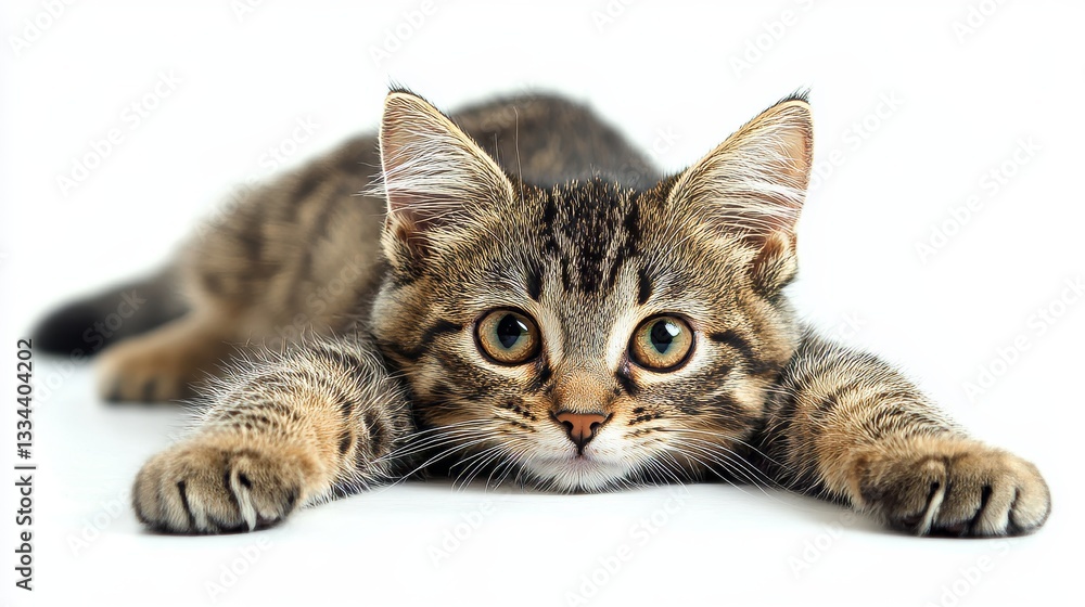 Poster adorable tabby kitten lying down with paws outstretched and looking intensely at the viewer with a b
