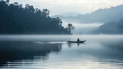 Fototapeta premium Misty lake at dawn with a lone kayaker paddling through calm waters.