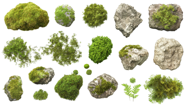 Various moss-covered rocks and ferns isolated on transparent background