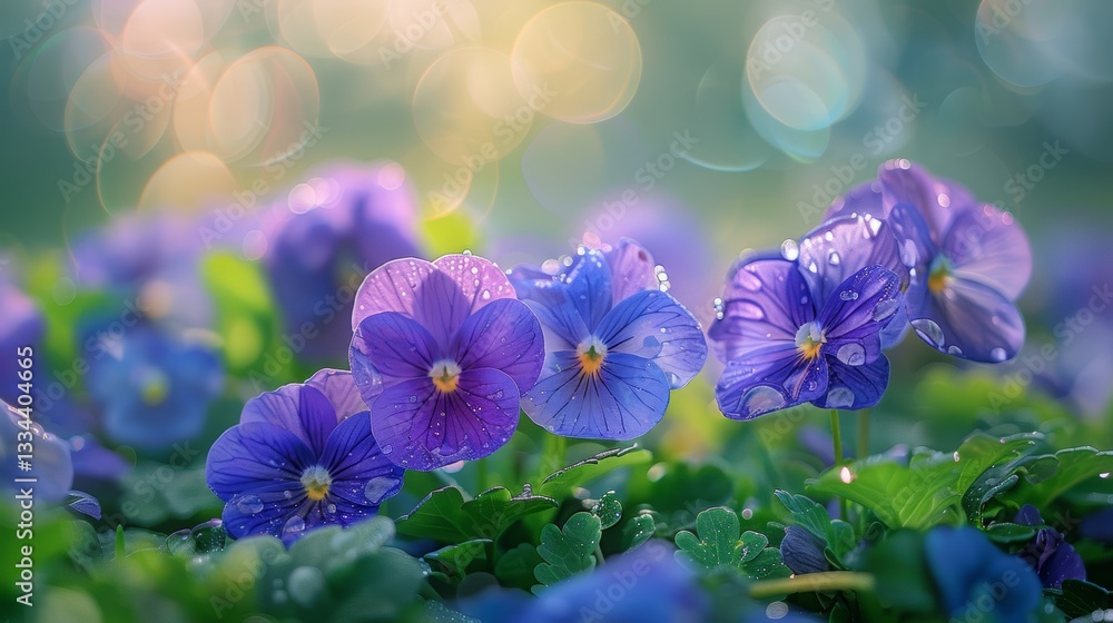 Poster close-up of violets on a lawn with morning light bokeh effect and shallow depth of field realistic n
