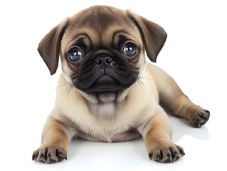 Obraz premium An adorable pug puppy lies down on a white background looking directly at the camera with big expressive eyes.