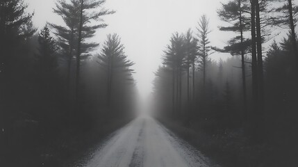 Obraz premium Foggy forest road disappearing into the mist.