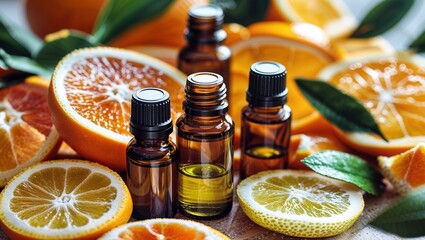 Citrus essential oil bottles with sliced lemons and oranges