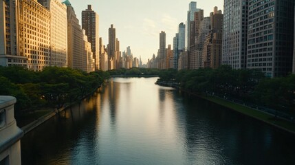 Fototapeta premium Urban skyline at sunset, reflecting buildings alongside tranquil water, vibrant city life, perfect for landscape or travel themes.
